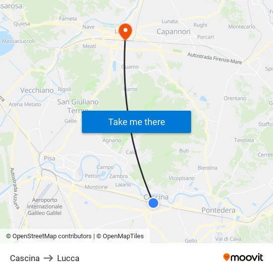Cascina to Lucca map