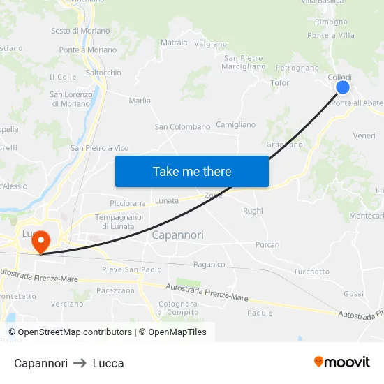 Capannori to Lucca map