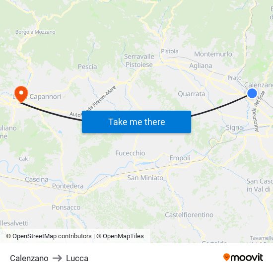 Calenzano to Lucca map