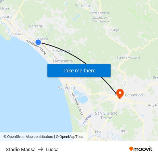 Stadio Massa to Lucca map