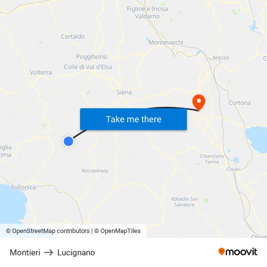 Montieri to Lucignano map