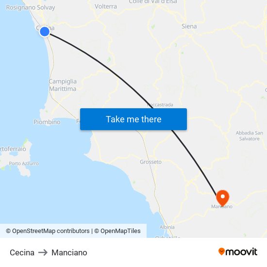 Cecina to Manciano map