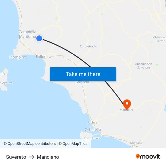 Suvereto to Manciano map