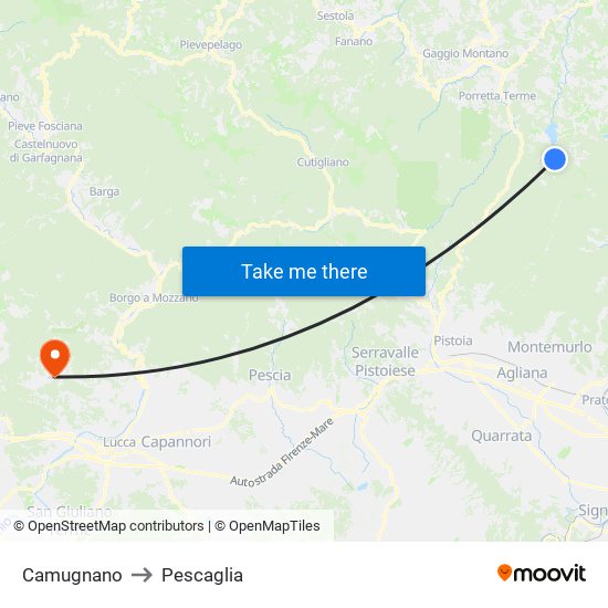 Camugnano to Pescaglia map