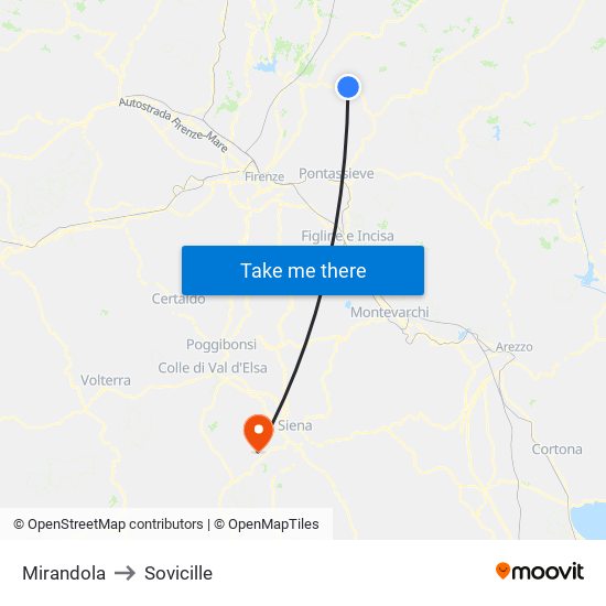 Mirandola to Sovicille map