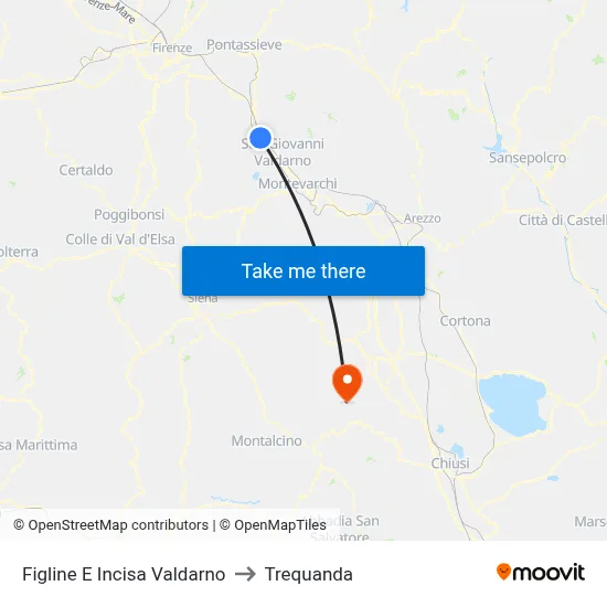 Figline and Incisa Valdarno to Trequanda map