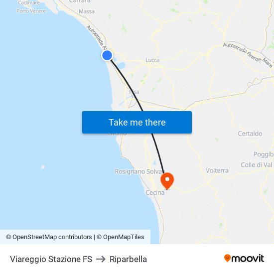 Viareggio Stazione FS to Riparbella map