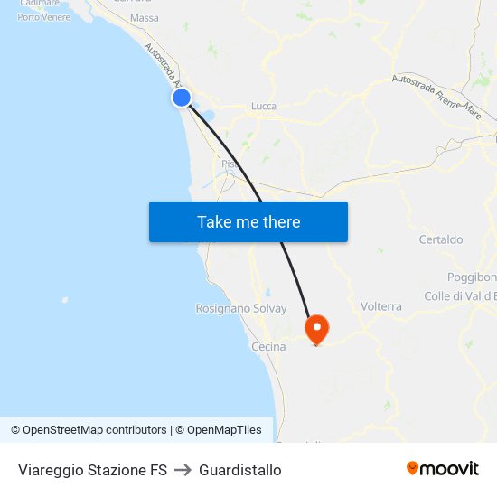 Viareggio Stazione FS to Guardistallo map