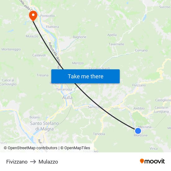 Fivizzano to Mulazzo map