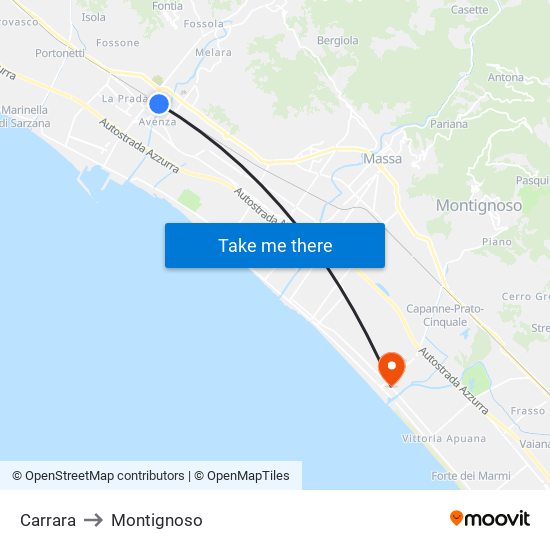 Carrara to Montignoso map