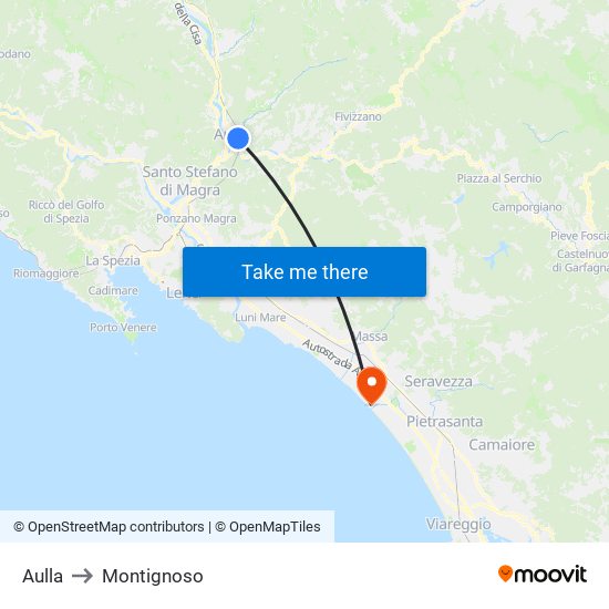 Aulla to Montignoso map