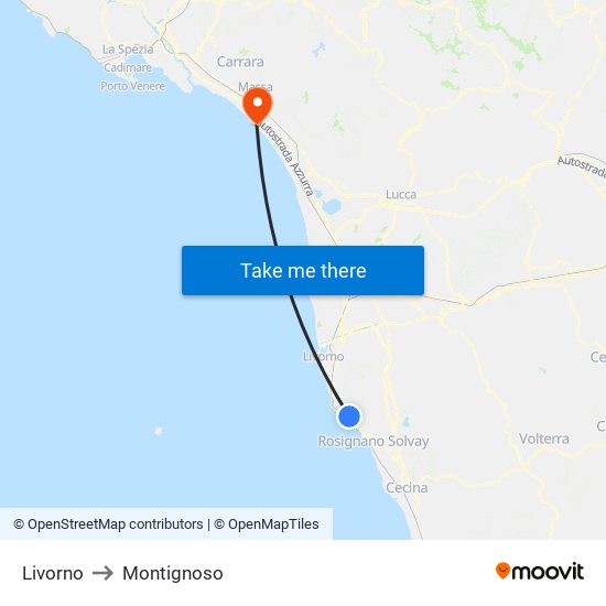 Livorno to Montignoso map