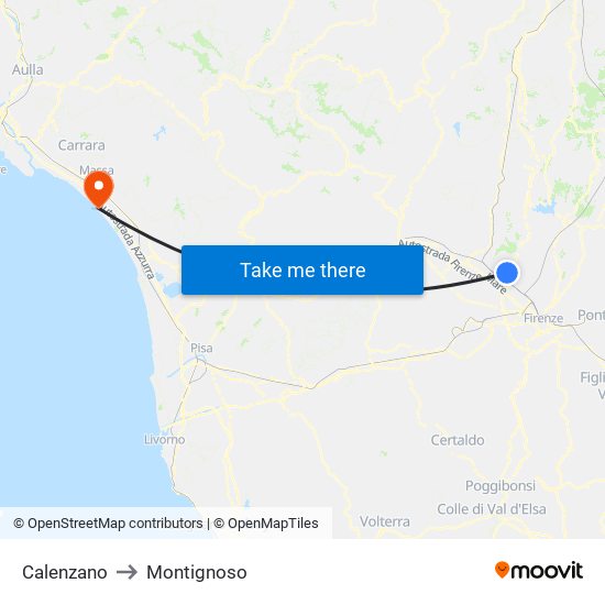 Calenzano to Montignoso map