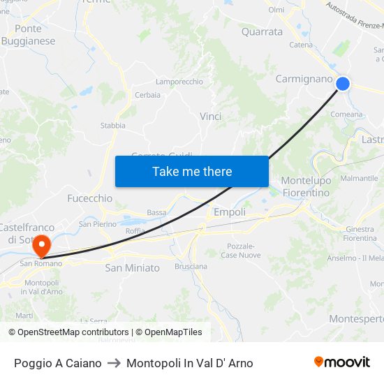 Poggio A Caiano to Montopoli In Val D' Arno map