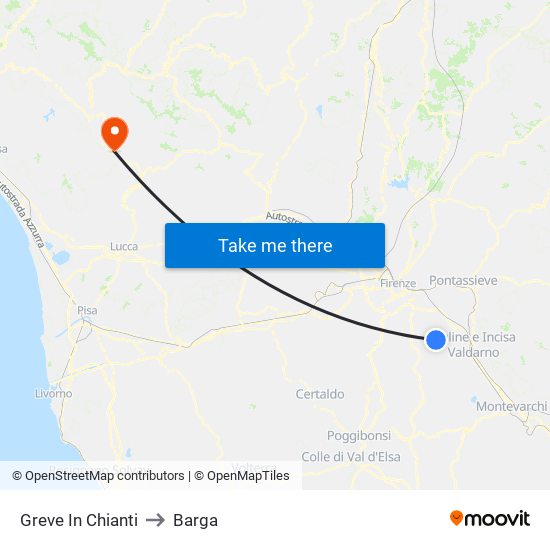 Greve In Chianti to Barga map