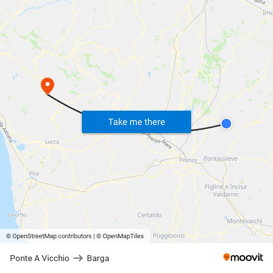 Ponte A Vicchio to Barga map