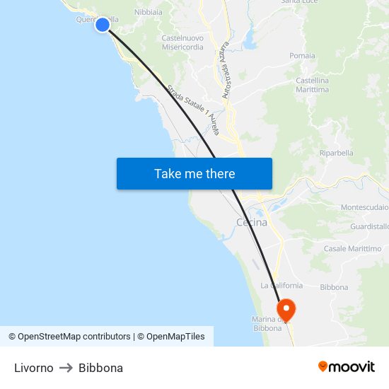 Livorno to Bibbona map