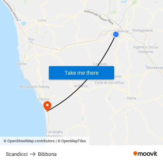 Scandicci to Bibbona map