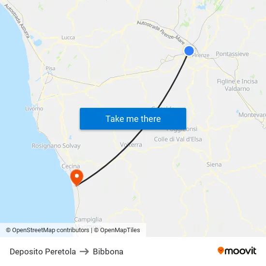 Deposito Peretola to Bibbona map