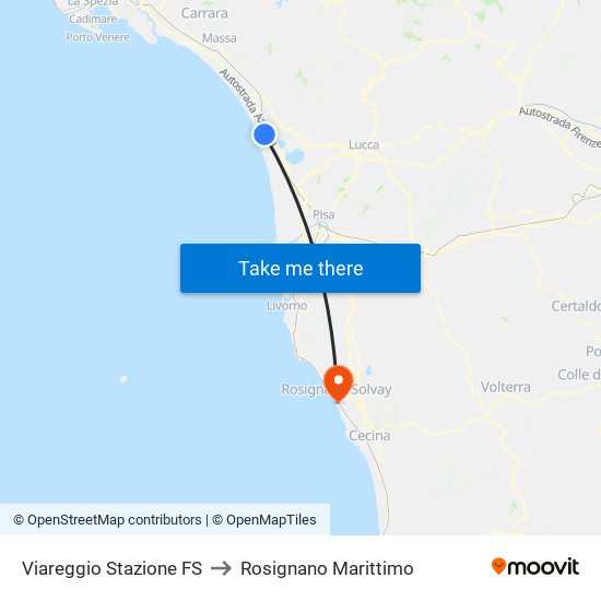 Viareggio Stazione FS to Rosignano Marittimo map