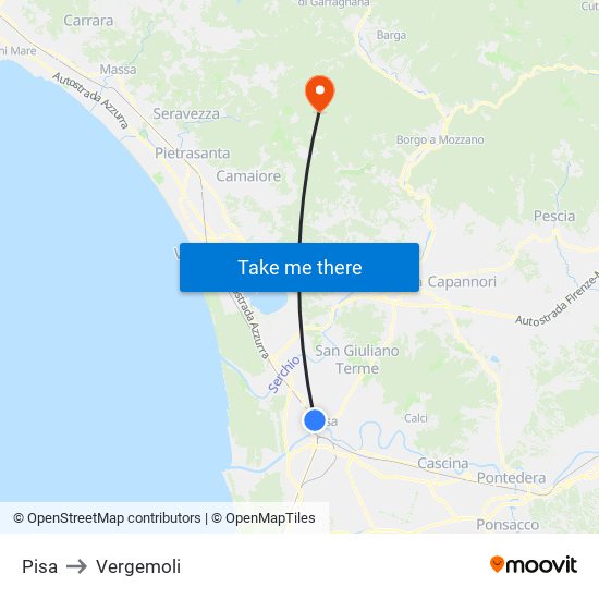 Pisa to Vergemoli map