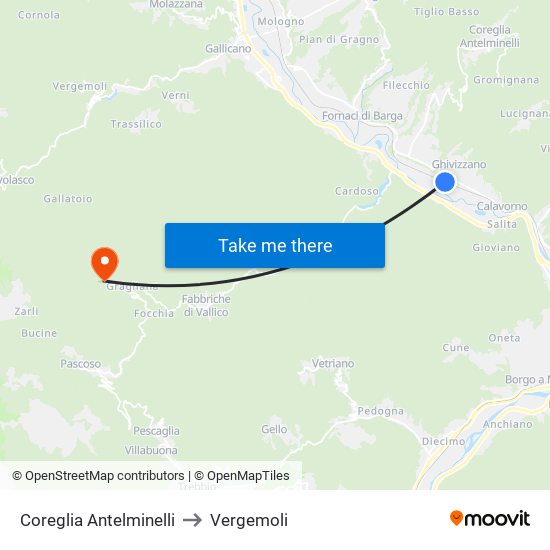 Coreglia Antelminelli to Vergemoli map