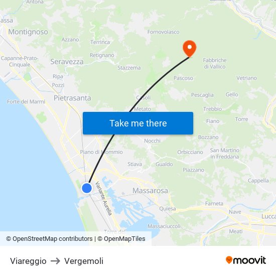 Viareggio to Vergemoli map