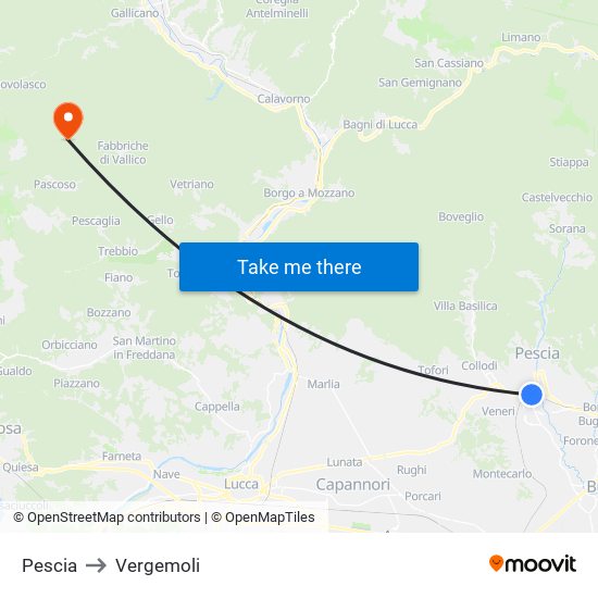 Pescia to Vergemoli map