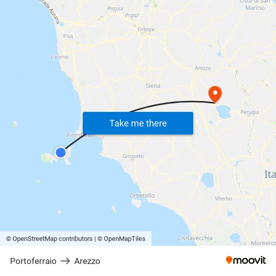 Portoferraio to Arezzo map