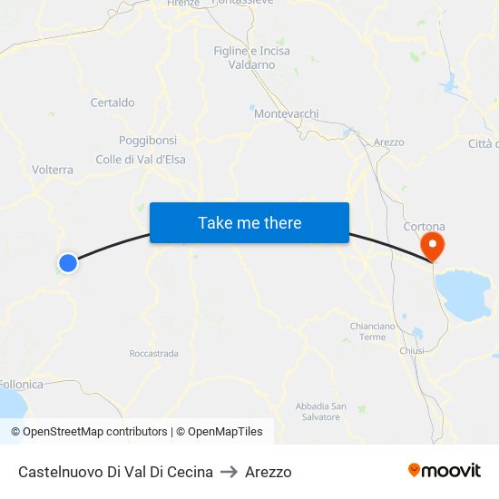 Castelnuovo Di Val Di Cecina to Arezzo map