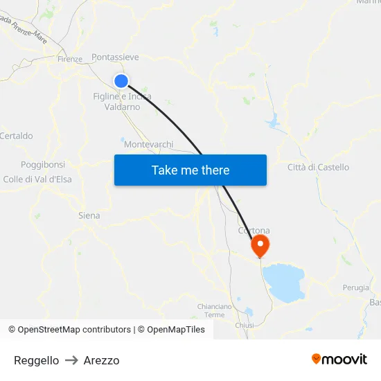 Reggello to Arezzo map