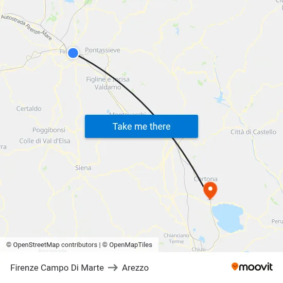 Florence Campo di Marte to Arezzo map
