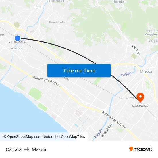 Carrara to Massa map