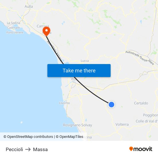 Peccioli to Massa map