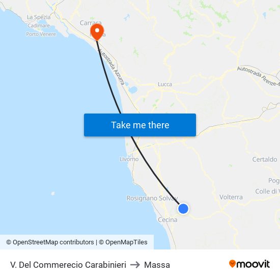 V. Del Commerecio Carabinieri to Massa map