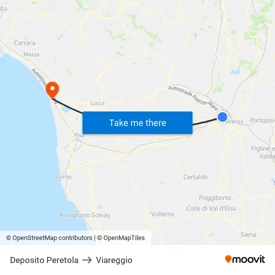Peretola Depot to Viareggio map