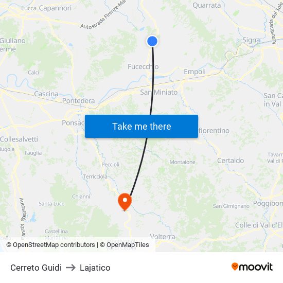 Cerreto Guidi to Lajatico map