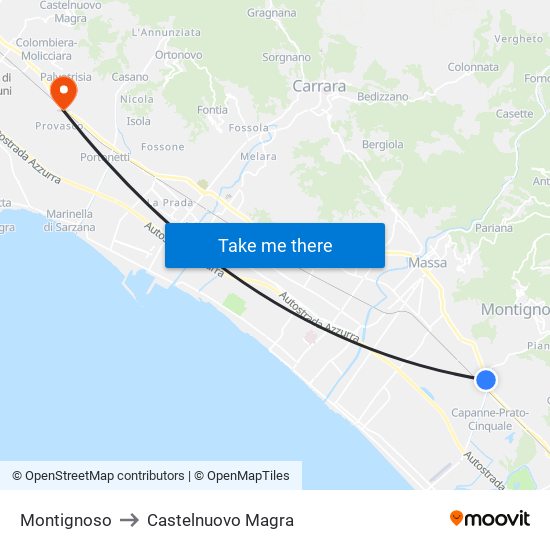 Montignoso to Castelnuovo Magra map