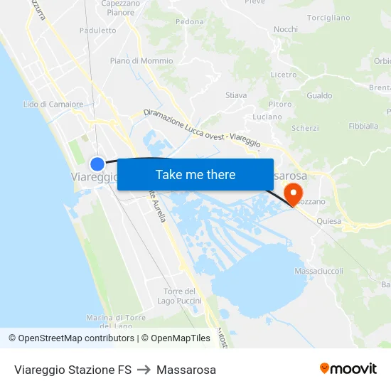 Viareggio Stazione FS to Massarosa map