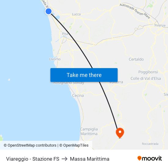Viareggio Stazione FS to Massa Marittima map