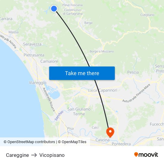 Careggine to Vicopisano map