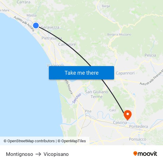 Montignoso to Vicopisano map