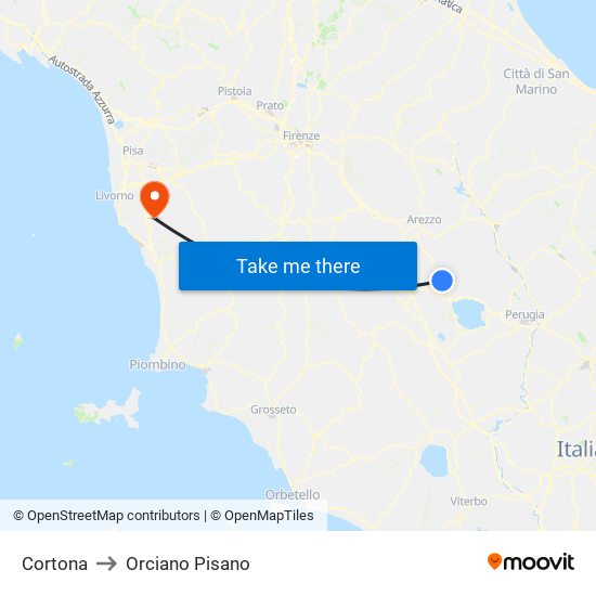 Cortona to Orciano Pisano map