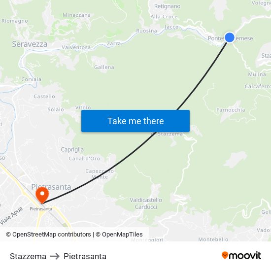 Stazzema to Pietrasanta map