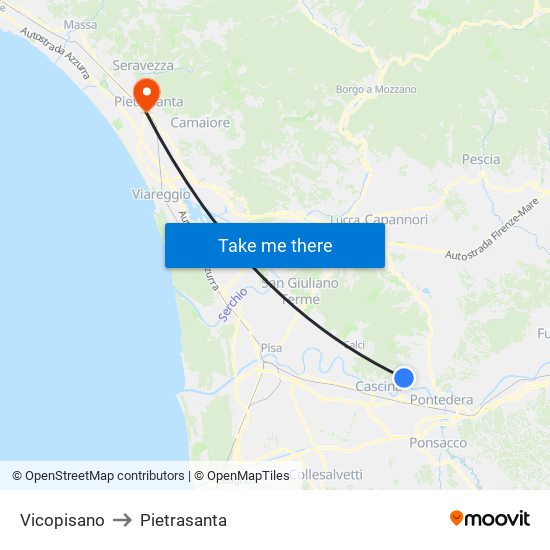 Vicopisano to Pietrasanta map