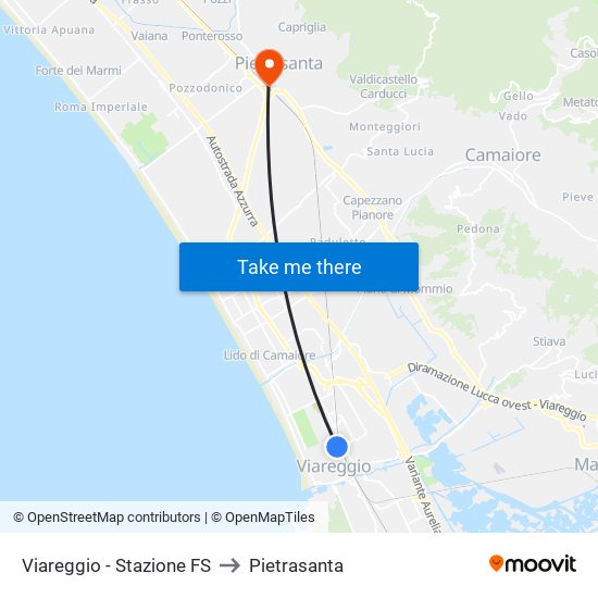 Viareggio Stazione FS to Pietrasanta map