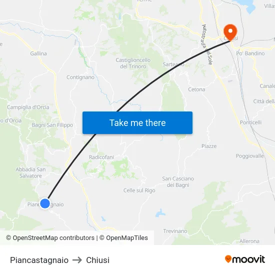 Piancastagnaio to Chiusi map