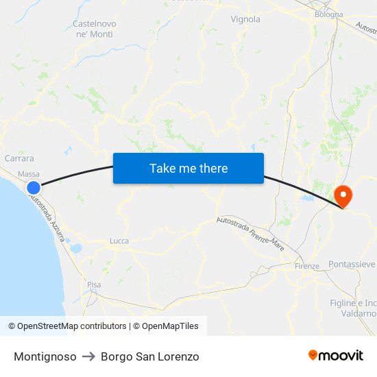 Montignoso to Borgo San Lorenzo map