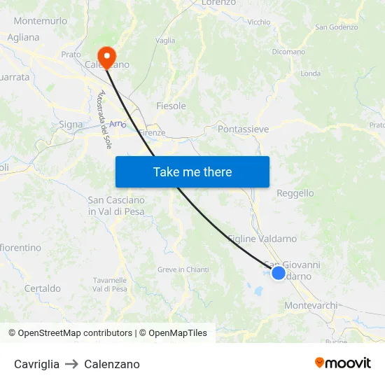 Cavriglia to Calenzano map