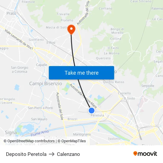 Deposito Peretola to Calenzano map
